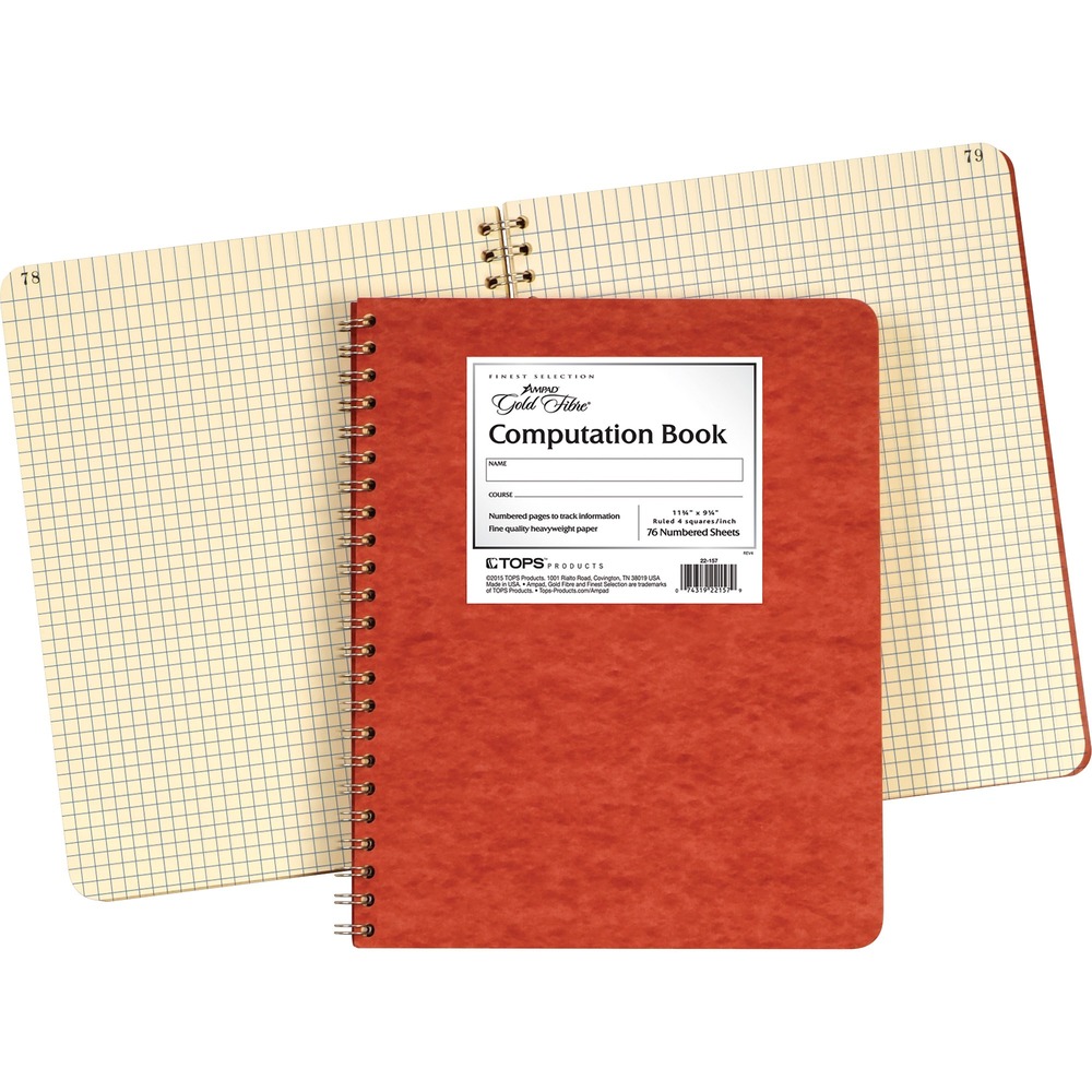 TOP22157 - Computation notebook contains 76 sheets of 24 lb. bond paper printed on both sides. Pages are sequentially numbered from 1 to 152 and 4 x 4 quad-ruled with heavy headline margin. Heavy pressboard cover protects the thread-sewn contents and features double-wire binding.