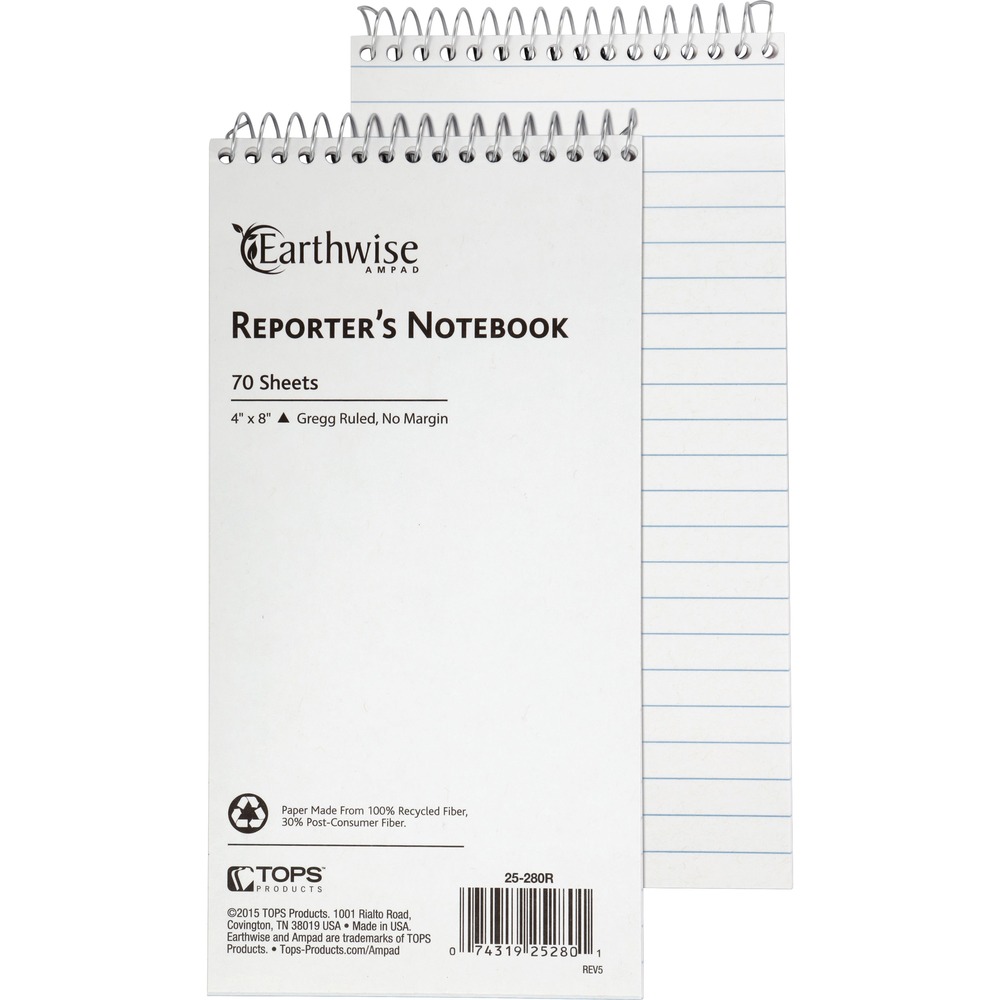 TOP25280 - Reporter's notebook fits in a pocket or purse. WireLock binding at top secures the wire ends to prevent snagging. Chipboard in front and back protects your notes and offers convenient writing support. Notebook contains 70 white sheets of 15 lb. paper. Each sheet is Gregg-ruled with 11/32" spacing between lines and microperforated for easy removal.
