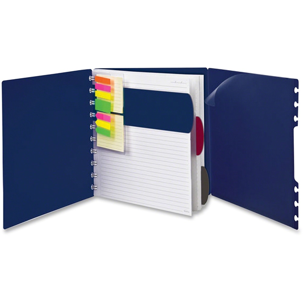 TOP25634 - Versa Crossover Notebook is completely customizable with a variety of repositionable accessories to organize, highlight and group your notes. The letter-size notebook features a durable navy poly cover and comes with 60 legal/wide-ruled sheets of specially punched paper; three tabbed dividers; 105 stick-on flags for labeling and highlighting; two 30-sheet, ruled, stick-on task pads for lists and memos; and a clear, dual-pocket, poly sheet protector to separate and hold papers. Back cover features two additional pockets and folds out to hold loose sheets.