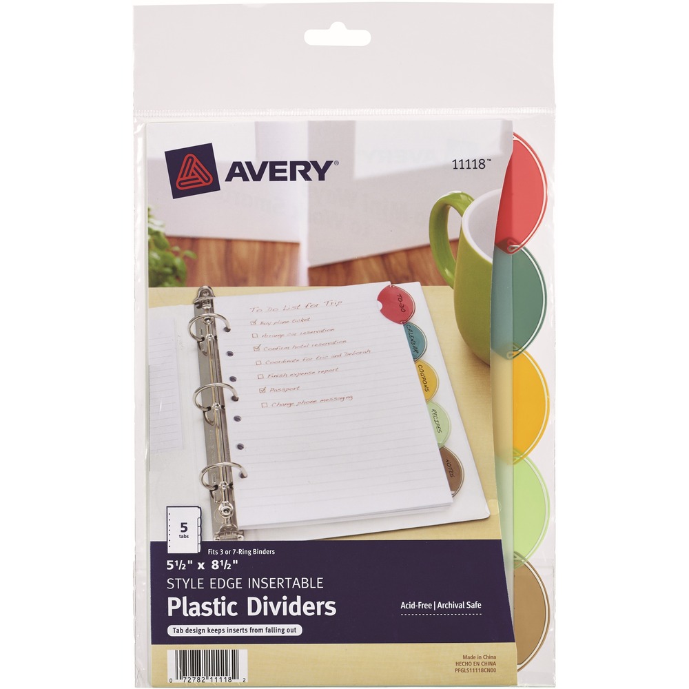 AVE11118 - Style and convenience combine in one brightly colored package for your mini binder or planner. These Avery Style Edge Insertable Plastic Dividers feature a distinctive tab design that makes for easy referencing while also making a statement. Each 5.5" x 8.5" subject divider features a unique tab design that keeps your divider tab inserts from falling out while the durable translucent plastic offers convenience that lasts. The brightly colored tabs in this 5-tab set are sure to stand out when you open your notebook, and are perfect for color coding and quick identification. These tabbed dividers are seven-hole punched to fit in most 3 ring and 7 ring mini binders or mini planners. Customize the specially designed inserts of these page dividers for 3 ring binders with free templates and designs at Avery Design & Print online. With these plastic binder dividers, you're certain to achieve an organizational edge that's both colorful and attractive. More from the Manufacturer