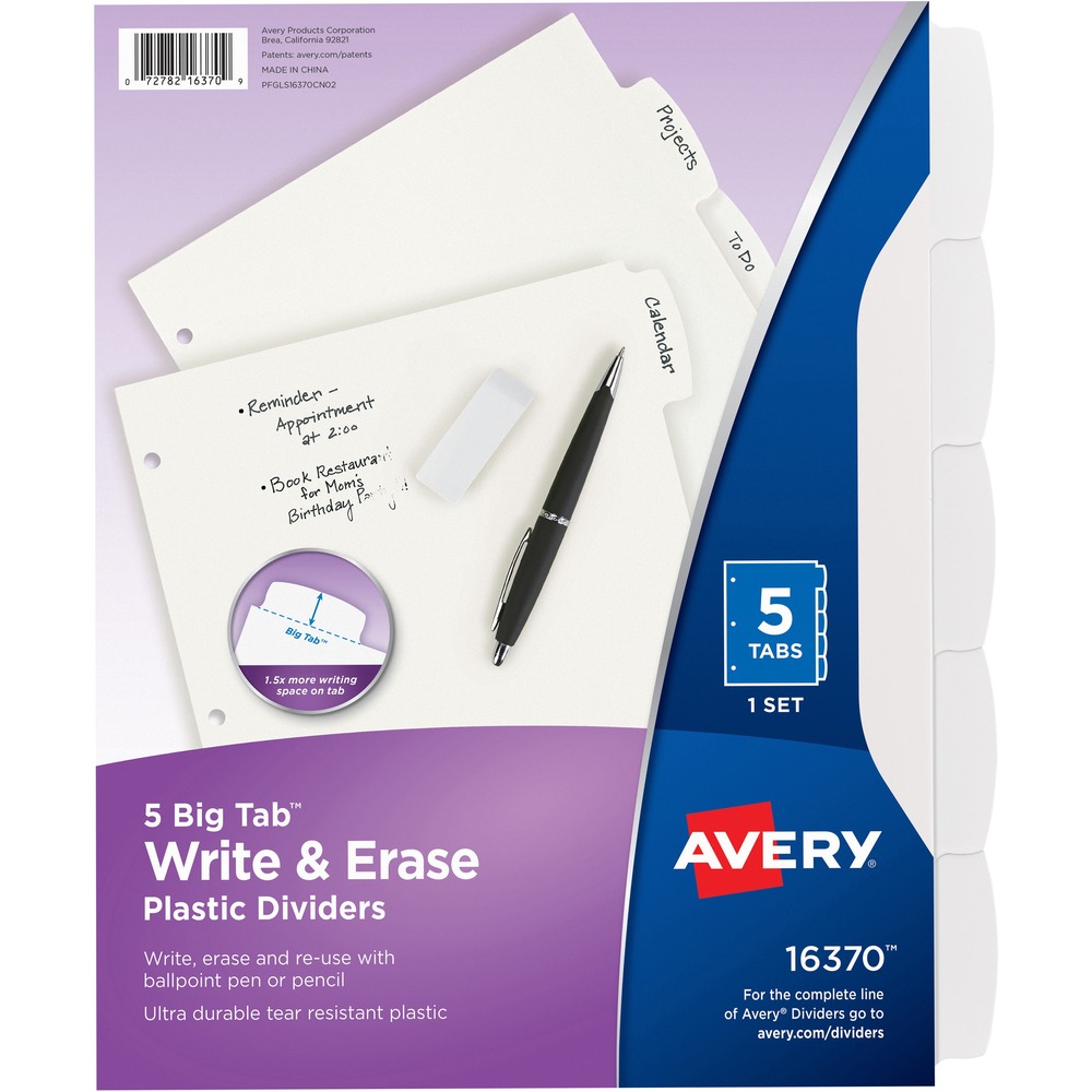AVE16370 - Write-on dividers are made of durable plastic for frequent reference in your letter-size binders. Customize entire divider using a ballpoint pen or pencil. To reuse, just erase and write on again. Three-hole punched dividers are translucent and multicolored. Bigger tabs provide 50 percent more writing space than standard tabs. More from the Manufacturer