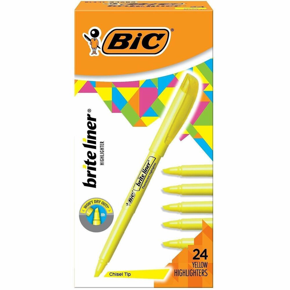 BICBL241YW - Whether you're organizing notes or underlining passages in a textbook, Brite Liner Highlighters make highlighting fun and easy. These highlighters come in five highly visible, fluorescent colors, allowing you to easily color-code and emphasize information. Each highlighter has a versatile, firm chisel tip that allows you to seamlessly switch between broad highlighting and precise underlining. Brite Liner Highlighters can be left uncapped for up to 8 hours without drying out. With their convenient pen-shaped design, these fluorescent highlighters are easy to grip and use.