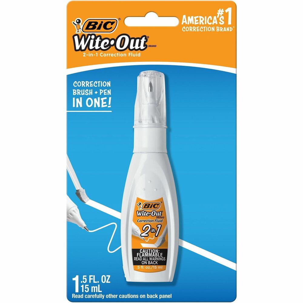 BICWOPFP11 - Two-in-one correction fluid offers two ways to make corrections with less effort. Use the fine tip for increased precision and neatness. Or, use the brush applicator to make fast corrections on a wider area. Correction fluid dries quickly to a smooth finish.