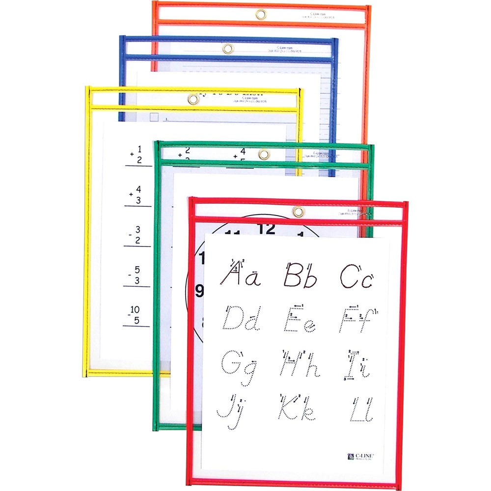 CLI40630 - Reusable Dry Erase Pockets help to improve students' skills. Anyone can easily practice math problems, letters, writing skills and more. Helps to save the environment and paper by eliminating the need to copy worksheets over and over again. Reusable super heavyweight pocket lasts a long time. Clean easily with soft dry cloth or tissue when used with a low-odor dry erase marker or dry erase crayon (not included). Convenient eyelet for hanging. 5/PK. Assortment includes 1 each primary colors: red, orange, yellow, green and blue. Insert Size: 9 x 12, or smaller sized papers. Download free C-Line educational dry erase templates.