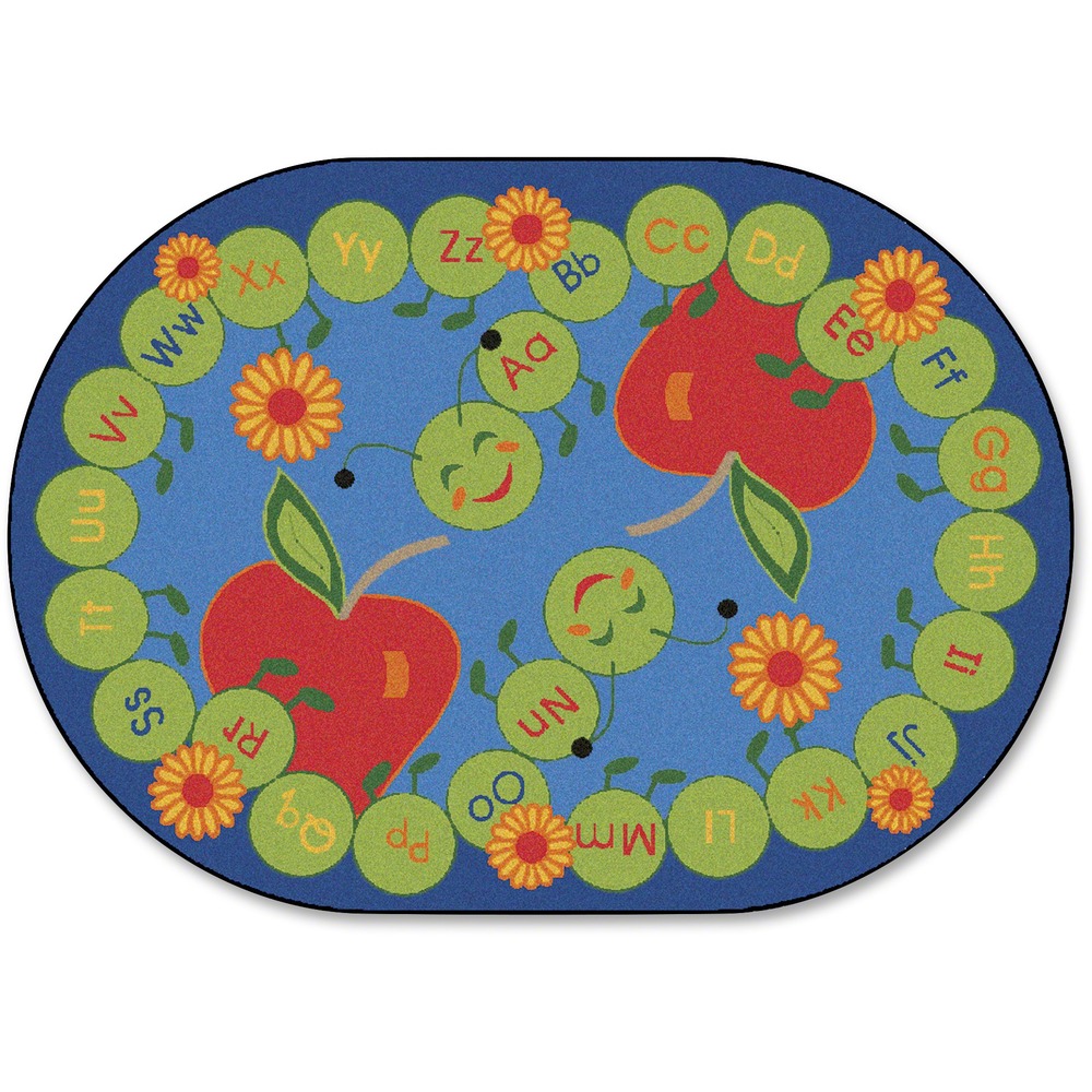 CPT2216 - Rug features happy caterpillars that provide a creative way to help teach children the alphabet. Comfortable material offers a cheerful location for daytime activities. Rectangular rug is safe for children of all ages.