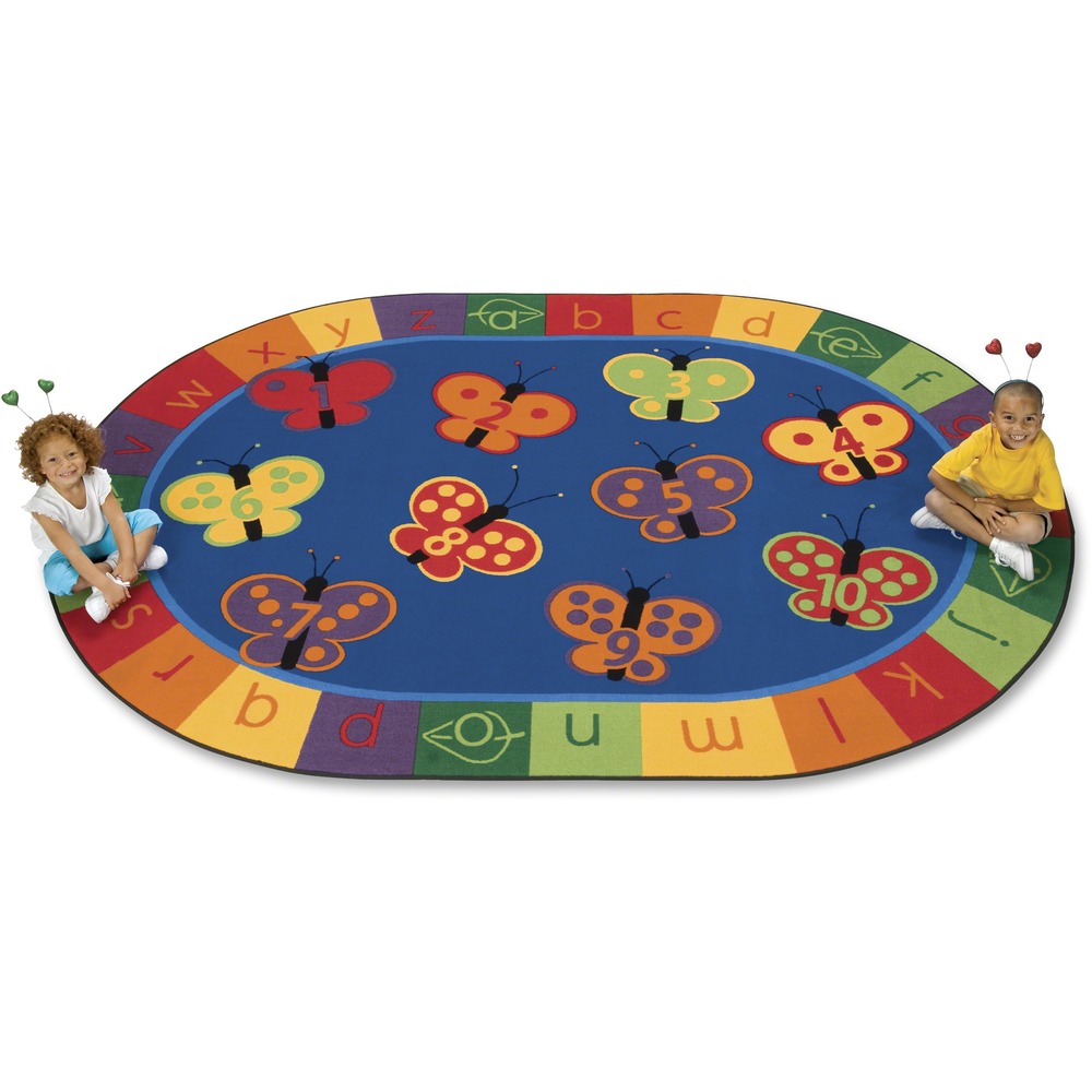 CPT3506 - Time will flutter by as children learn their numbers and the alphabet on this bright and colorful rug. 10 butterflies are numbered to make learning a fun experience. Oval rug is safe for children of all ages.