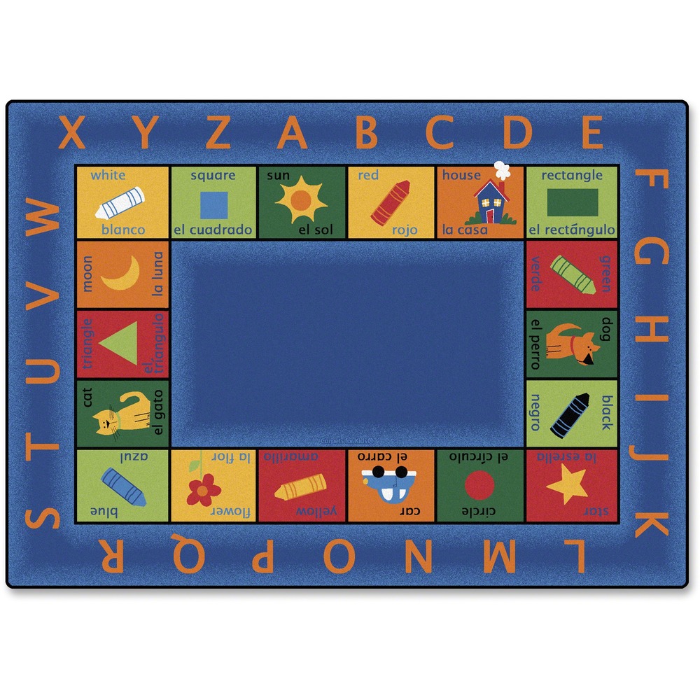 CPT9512 - This colorful classroom carpet features 18 bilingual inner squares surrounded by an alphabet border to provide the perfect rug for preschool classrooms or any child playroom. The inner squares of this educational rug feature simple icons, colors and shapes that display their English and Spanish names. Rug is excellent for children of all ages.