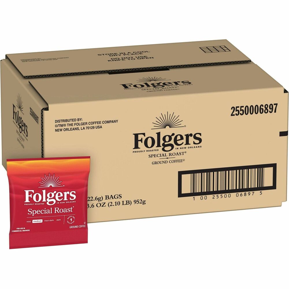 FOL06897 - Folgers Special Roast Coffee is a well-crafted, medium-roasted blend that has an exceptionally balanced taste. Convenient fraction packs are a low-touch way to deliver consistent flavor cup after cup. Each pack is premeasured and ready for your commercial coffee brewer, limiting potential points of contact with grounds. The rich flavor of Folgers is more than just coffee - it's tradition.