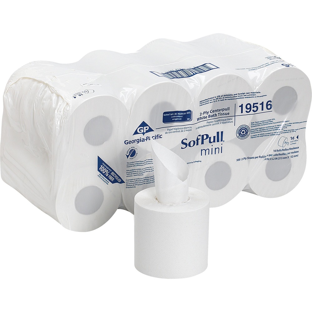 GPC19516 - Center-pull bathroom tissue in mini format helps reduce costs and waste while improving hygiene. This bath tissue is designed for use with Georgia-Pacific SofPull Mini High-capacity Center-pull Dispensers so you no longer have to deal with the waste of loose rolls spinning out of control. SofPull Tissue makes it simple to take just the right amount of tissue. Completely enclosed roll and visibility of roll end help reduce cross-contamination. Users only touch one sheet at a time. This two-ply, perforated, quality bath tissue is soft and thick and, at 5-1/4" x 8-2/5" a sheet, larger than standard roll tissue. High-capacity roll drives fewer roll changes and lowers maintenance costs. Tissue meets the EPA Guidelines for Post-Consumer fiber and meets or exceeds EPA Comprehensive Procurement Guidelines). More from the Manufacturer