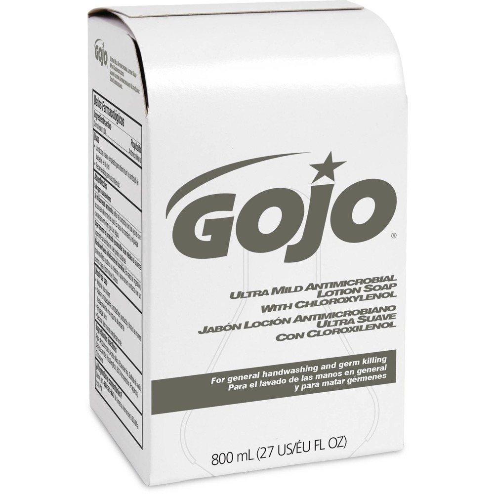 GOJ921212 - Soap refill is designed to fit GOJO 800 ml. Bag-in-box Dispensers (9033-12 and 9034-12). Ultra-mild formula combines mild cleansers with broad-spectrum antimicrobial agent for effective handwashing. It also contains emollients for gentleness. Sanitary Sealed refill locks out germs. Bag is leakproof to avoid waste and mess. Portion control helps reduce waste.