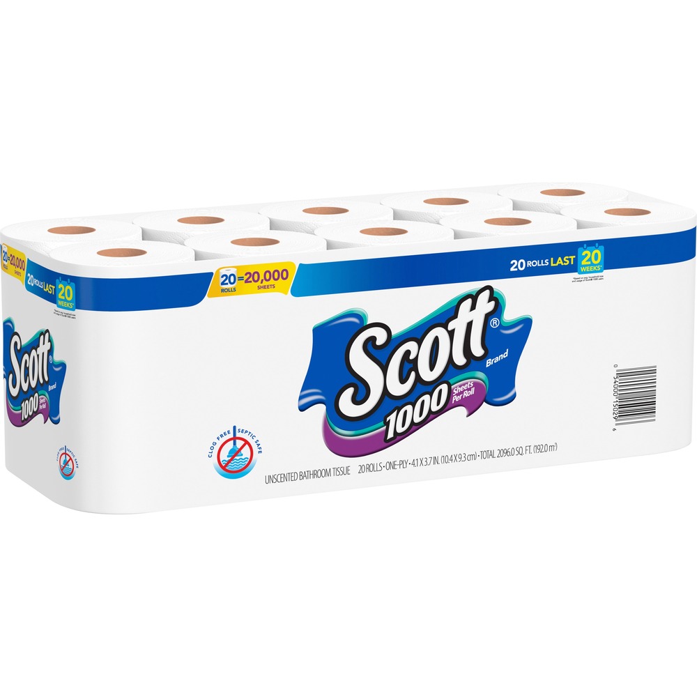 KCC20032 - Take care of your office or family with Scott 1000 Bath Tissue and enjoy fewer roll changes and more value. Each toilet paper roll contains 1000 sheets. Plus, Scott 1000 one-ply bathroom tissue dissolves quickly so it's kinder to your plumbing and safe for sewer and septic systems. You can even use it in your RV or boat.
