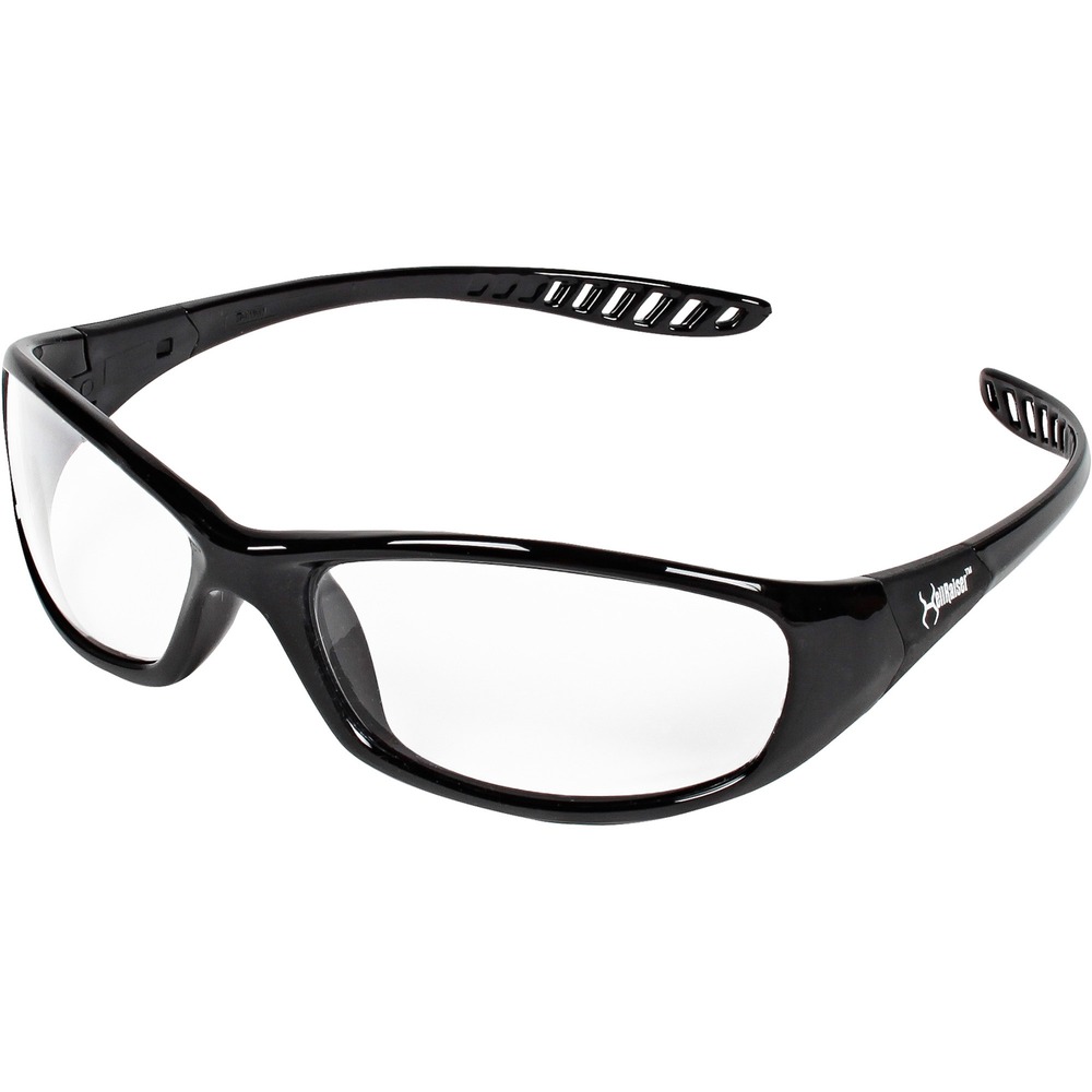 KCC20539 - V40 Hellraiser Safety Glasses feature sunglass styling with a compact, lightweight design for comfort as stand-alone PPE and when used with other PPE-like face shields and welding hoods. Clear, uncoated lenses allow maximum visible light transmission. They are ideal for indoor use. Lenses feature a hard coating for scratch-resistance and longer life. They are made of a polycarbonate material that provides 99.9 percent UVA/UVB/UVC protection. Flexpoint temples provide comfort and stability. Universal-size glasses with black frame meet ANSI Z87.1+ standards for high impact.