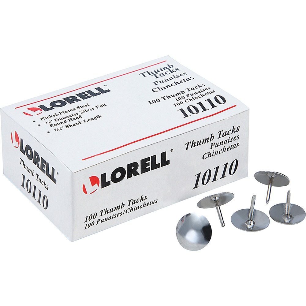 LLR10110 - Steel thumbtacks offer a reliable way to pin reminders, schedules and more to cork, walls and other surfaces. Tacks are made of nickel-plated steel with a silver, 3/8" diameter round head for easy insertion. Shank measures 5/16" long.
