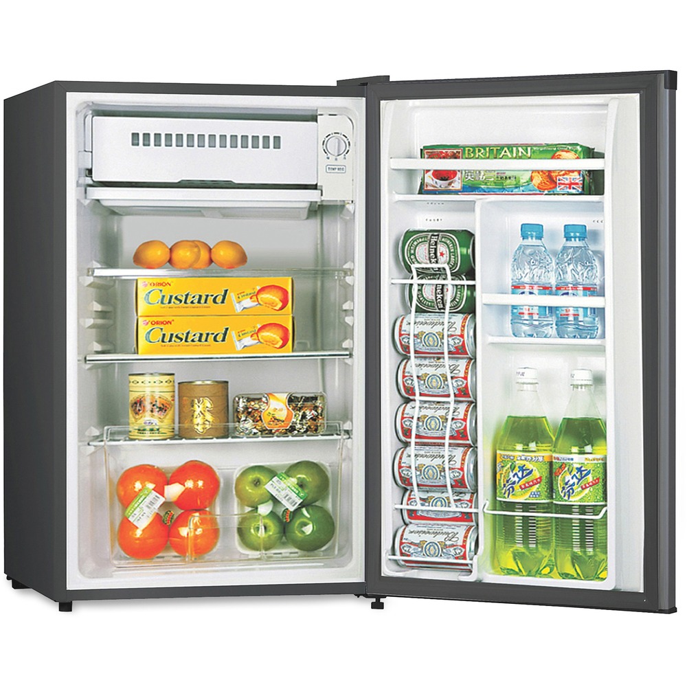 LLR72313 - Compact refrigerator is perfect for small office use. With the reversible door, finished back and adjustable leveling legs, you can fit it easily into your work area. The 3.2 cubic feet of nonlocking refrigerated storage offers a spacious chiller section with an ice cube tray, four shelves and three more shelves in the door. The door is equipped with a can dispenser, bottle rack with space for two 2-liter bottles in the door and two other shelves for small items. Full-range, thermo dial control lets you determine the temperature. Refrigerator also includes recessed handle and manual defrosting.