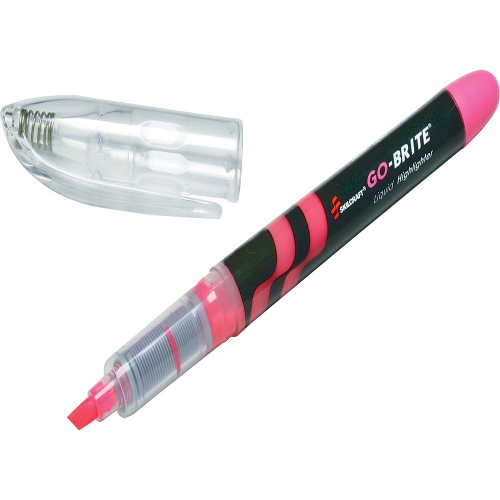NSN4612667 - Highlighter contains free-flowing, water-based, fluorescent ink. Barrel has a clear window to observe ink supply. Color of the end plug and cap matches the ink color. Cap has a plastic clip. Liquid ink delivers longer write-out than reservoir-style markers. Highlighter ink will not smear, smudge or fade. Push down on the tip of the go-brite Liquid Highlighter to restart ink flow if the cap is left off for too long.