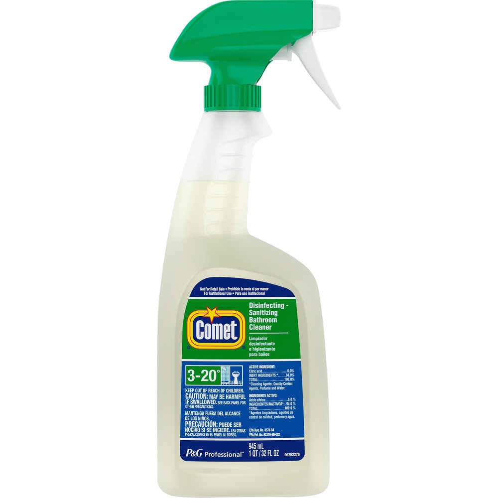 PGC22569 - Comet Disinfecting-Sanitizing Bathroom Cleaner cleans tough soap scum fast and with little effort. Its patented formula uniquely penetrates tough bathroom soils with little to no scrubbing needed. It's nonabrasive so it safely cleans porcelain, fiberglass, ceramic, formica, enamel, chrome, stainless steel and synthetic marble. It is included on the EPA List N of disinfectants for use against the novel coronavirus SARS-CoV-2. No rinsing is required after use. Bathroom cleaner also deodorizes while it cleans, leaving your restroom smelling clean and fresh.