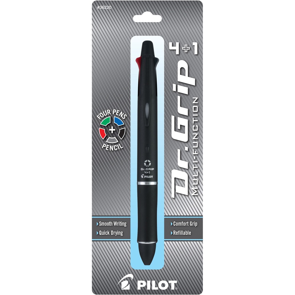PIL36220 - All-in-one writing instrument features a multifunction design that combines the smooth writing of a ballpoint pen and the unique features of a mechanical pencil in one unit. Easy-to-use slide mechanisms on the barrel allow you to quickly change colors. Metal clip holds securely to a shirt pocket, briefcase or purse. A large, white vinyl eraser is housed under the cap for quick, complete erasures. The Dr. Grip 4+1 is commended for ease-of-use by the arthritis foundation. Comfortable, latex-free grip is perfect for students, office workers and business professionals.