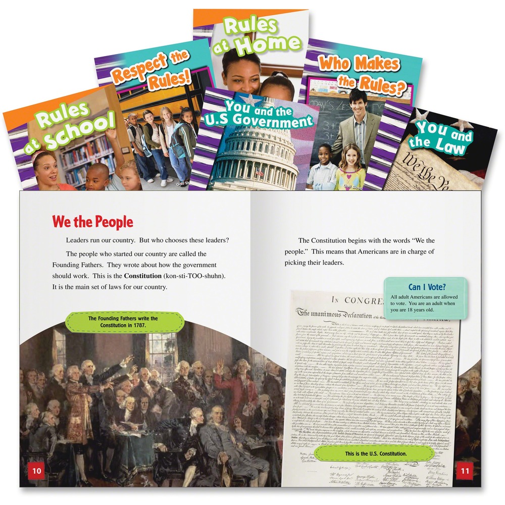 SHL20597 - Early readers will explore how rules are made and their importance in establishing order with books that are designed to build social studies knowledge and provide multiple texts around a common theme. Each book features primary source documents and photographs, highlighted content-area vocabulary and engaging sidebars. This six-book collection is aligned to the Common Core and other state standards.