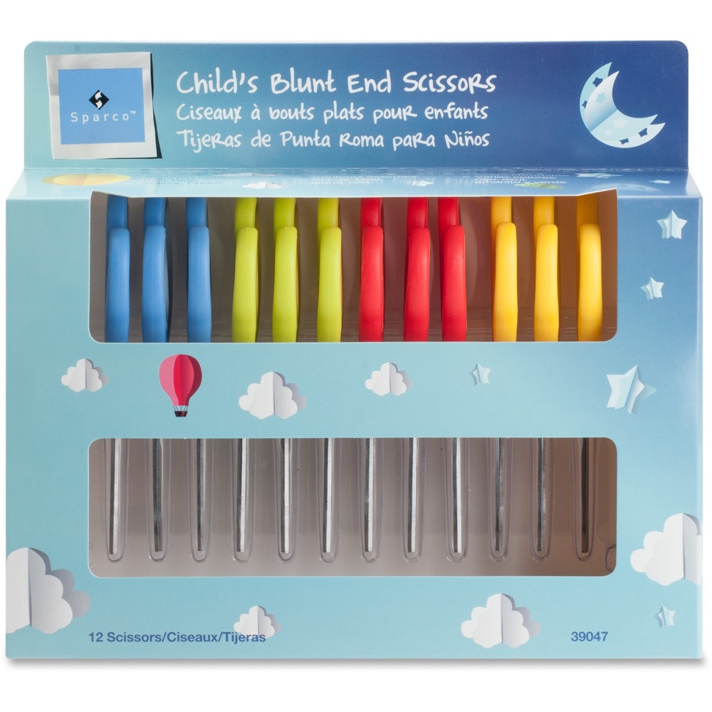 SPR39047 - 5" scissors designed for use by children between 3 to 8 years old. With a blunt end, these scissors provide a safe way for children to work on arts and crafts projects. Scissors feature a two-tone comfortable grip for added safety while cutting.