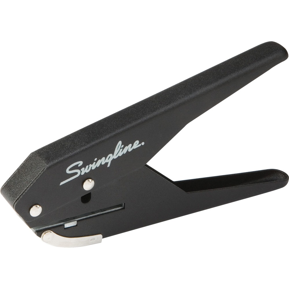SWI74017 - Low-force paper punch delivers powerful one-hole punching without demanding any more effort from you. A slim handle and unique, plier design makes hole punching easier on your hands. In comparison to a traditional punch, it takes significantly less force to punch through as many as 20 sheets. Durable metal construction ensures long-lasting use. 1" maximum throat depth offers hole-punch versatility. Built-in chip tray eliminates mess.