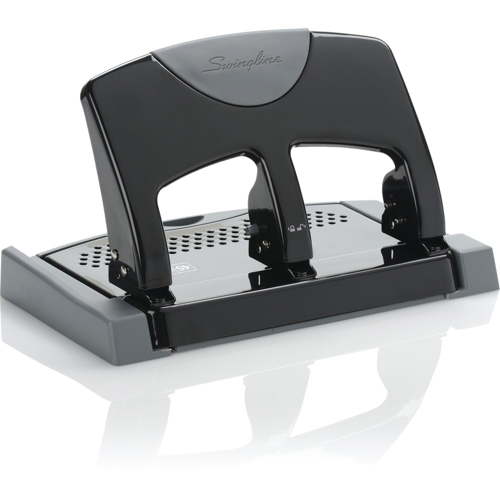 SWI74136 - Easily punch through as many as 45 sheets with this SmartTouch manual three-hole punch. Compared to a standard paper punch, the SmartTouch requires 50 percent less effort. That means punching is twice as easy. Durable metal construction delivers long-lasting performance. The soft-grip handle locks down for a compact storage option when not in use. The 45-sheet SmartTouch punch offers a hole pattern in the punch base to provide visibility into the chip tray that lets you see when it's full. Pullout tray design makes the punch easier to empty. Built-in ruler and paper edge guide deliver perfectly aligned punching of 9/32" holes. Exact spacing ensures that your hole-punched sheets will match up for use with three-ring binders, three-prong folders and report covers. More from the Manufacturer