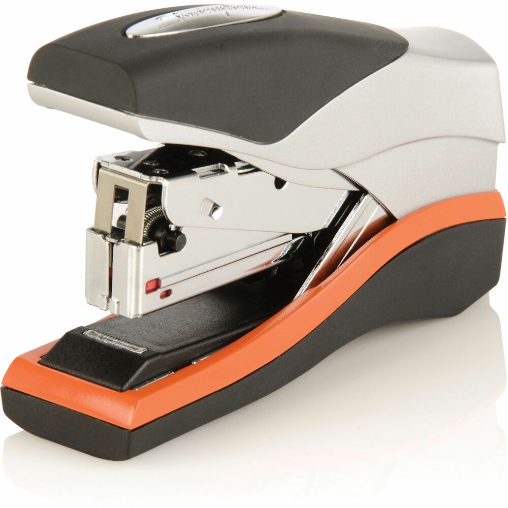 SWI87842 - Jam-free compact stapler delivers powerful stapling performance with the benefit of a cushion grip for comfortable handheld use. It is sized to fit perfectly in the palm of your hand, feels sturdy, and easily clinches to securely fasten up to 40 sheets at once. This higher capacity stapling makes the durable Optima 40 Compact Stapler an ideal choice for office workers. It also features flat clinch stapling, forming staples flat so that stapled papers can be stacked neatly on top of each other without toppling over. Standard top-loading magazine holds a half strip of staples and is easy to refill. This model performs best when used with Swingline Optima Premium Staples or S.F. 3 Premium Staples. Stapler is black and silver with orange accents More from the Manufacturer