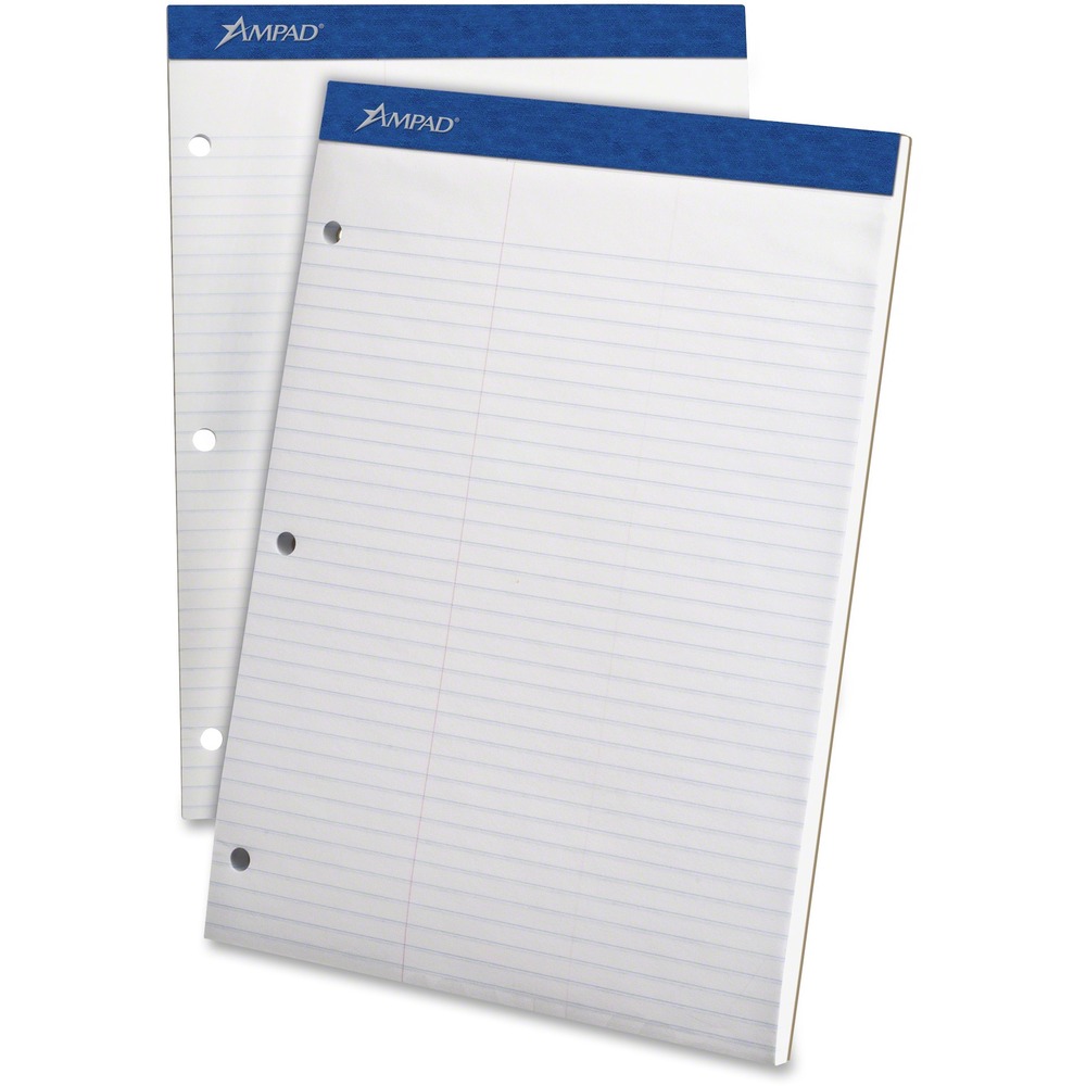 TOP20345 - With 100 sheets, this top-bound writing pad offers twice the number of sheets as standard writing pads. Each sheet of quality, 15 lb. paper is law-ruled and microperforated for easy sheet removal. Sheets are also three-hole punched to you can immediately insert them into your standard-size binders. Extra-rigid, 80 point, chipboard backer provides writing support for handheld use.