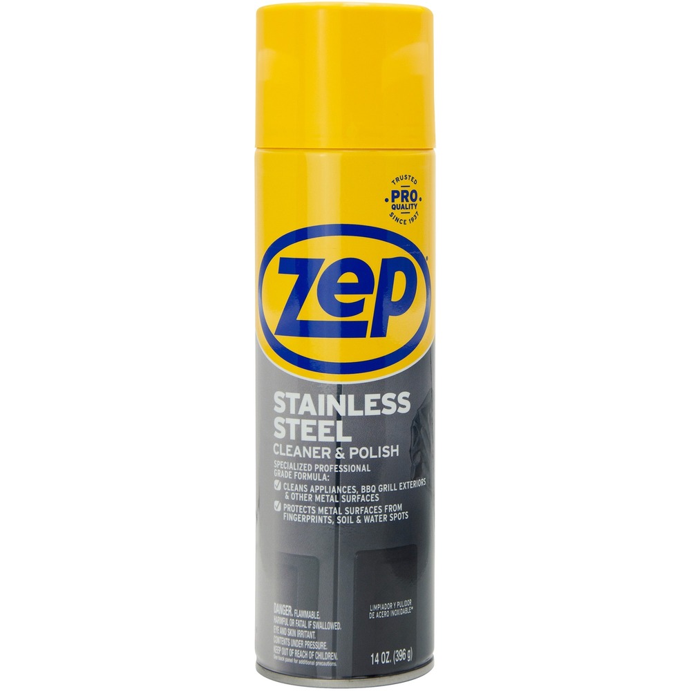 ZPEZUSSTL14 - Stainless Steel Polish cleans, polishes and protects in one easy step. Use around the home and in commercial settings. This cleaner effectively removes fingerprints and grease buildup from stainless steel and aluminum countertops and appliances. Simply spray lightly on surface. Polish with a clean, dry cloth. Wait 1 to 2 minutes and then wipe away soil and residue. This handy spray also protects against rust, corrosion and discoloration.