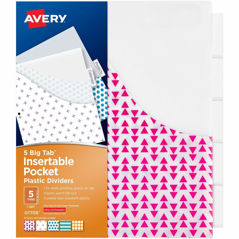 AVE07708 - Big Tab Insertable Plastic Dividers with pockets support strong paper organization and storage capabilities. Tab dividers are made of durable, tear-resistant PVC-free plastic, equipped with one front pocket on each of the page dividers for more storage in your three-ring binder. Dividers provide enhanced tab visibility with 50 percent more writing space than standard divider tabs, allowing bigger fonts and handwriting. Special insertable tab design keeps inserts locked in during use, but the easy-access slot makes them painless to remove. Tabbed dividers also work well with sheet protectors, extending past standard sheet protectors and clearly sectioning your binder contents. Translucent plastic, five-tab dividers are built to withstand everyday use and are three-hole punched for immediate use. Personalize using free, online templates, fonts and designs. Inserts are compatible with laser and inkjet printers. More from the Manufacturer