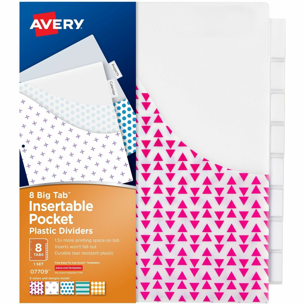 AVE07709 - Big Tab Insertable Plastic Dividers with pockets support strong paper organization and storage capabilities. Tab dividers are made of durable, tear-resistant PVC-free plastic, equipped with one front pocket on each of the page dividers for more storage in your three-ring binder. Dividers provide enhanced tab visibility with 50 percent more writing space than standard divider tabs, allowing bigger fonts and handwriting. Special insertable tab design keeps inserts locked in during use, but the easy-access slot makes them painless to remove. Tabbed dividers also work well with sheet protectors, extending past standard sheet protectors and clearly sectioning your binder contents. Translucent plastic, eight-tab dividers are built to withstand everyday use and are three-hole punched for immediate use. Personalize using free, online templates, fonts and designs. Inserts are compatible with laser and inkjet printers.