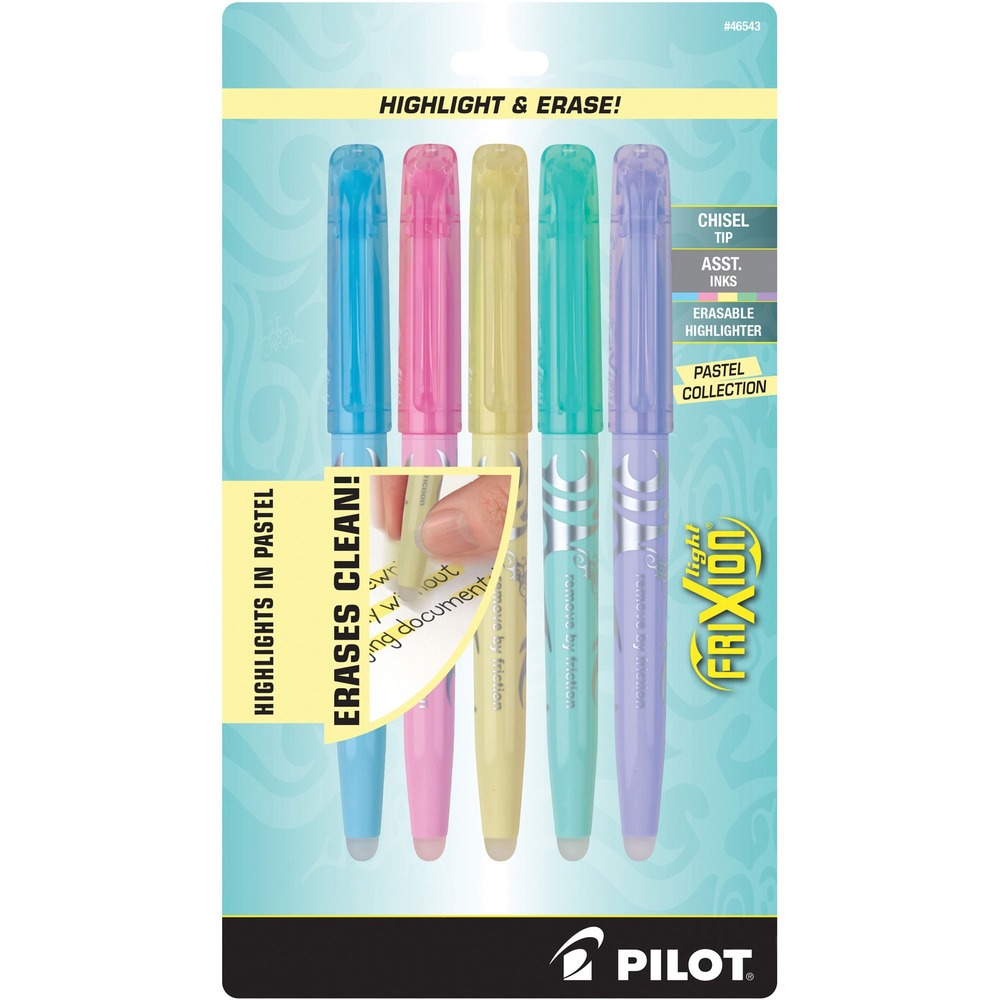 PIL46543 - Find freedom in infinite do-overs. Pilot FriXion Light Pastel Erasable Highlighters write smoothly and erase cleanly, without damaging documents, or messy eraser shavings. They also feature soft, soothing shades designed to emphasize without fluorescent colors. The heat generated by erasing friction causes the unique, thermo-sensitive ink to become clear and disappear from the page. Now you can highlight, erase, and re-highlight as needed. Make written mistakes a thing of the past. 