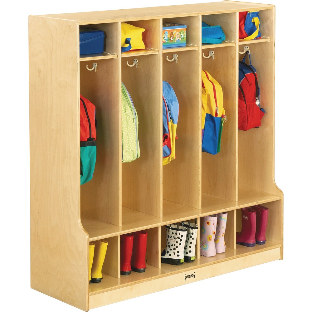 JNT0468JC - Give each child their own locker space and a place to sit with this five-section Child Step Coat Locker. Hang jackets and backpacks on the double-hook coat hooks in each locker section. Open shelves on the top and bottom of the locker provide additional space for boots and lunch boxes. Open locker section offers a handy edge for sitting while tying shoes or putting on boots. Kickplates prevent toe and finger pinching. Small objects can't get underneath the low-sitting design. Easy-to-clean finish is as tough as the coating used on gym floors, resists stains and won't yellow. The one-piece construction of Baltic birch plywood offers a sturdy, light-duty storage. Construction employs the dowel-pin technique, increasing the already-noteworthy strength. Heavy-duty design leaves the thickness of the material intact where most of the stress occurs. Caster brackets add triangular strength to the corners where stress is more likely to occur.