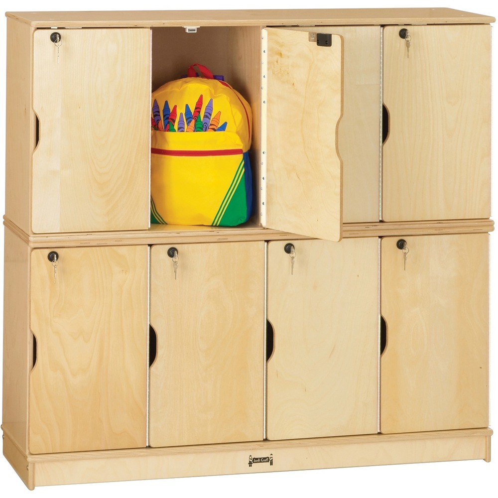 JNT4696JC - Two tiers of stackable lockers offer a secure place for student storage. Different key-n-locks safeguard their belongings. Two rows of lockers include eight lockers and can be stacked up to three rows high. An individual locker measures 10" wide x 12" deep x 20" high. Stacking requires minimal assembly with included hardware. Stacked lockers must be fastened to a wall. Kickplates prevent toe and finger pinching. Small objects can't get underneath. Lockers are made of Baltic birch plywood for sturdy, light-duty storage.