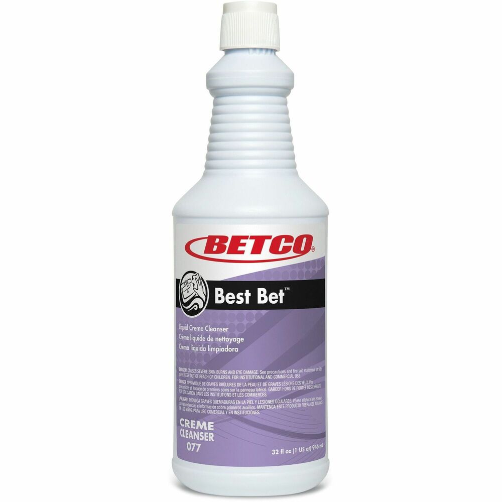 BET0771200 - Best Bet Liquid Abrasive Creme Cleanser quickly removes embedded rust, soap scum, stains, grease, oxidation, hard water minerals and filth from a variety of surfaces. This liquid cream cleanser contains jeweler-grade abrasive that won't scratch surfaces like scouring powders. White, stable emulsion contains bleaching compounds, detergents and wetting agents. Thick, clinging formula is perfect for vertical surfaces. Use to clean bathtubs, chrome, stainless steel, porcelain, sinks, tile, Fiberglas enamel and a variety of other water-washable surfaces. It penetrates, brightens and polishes without heavy agitation. Cleanser is ready to use and pleasantly scented with a fresh mint fragrance.