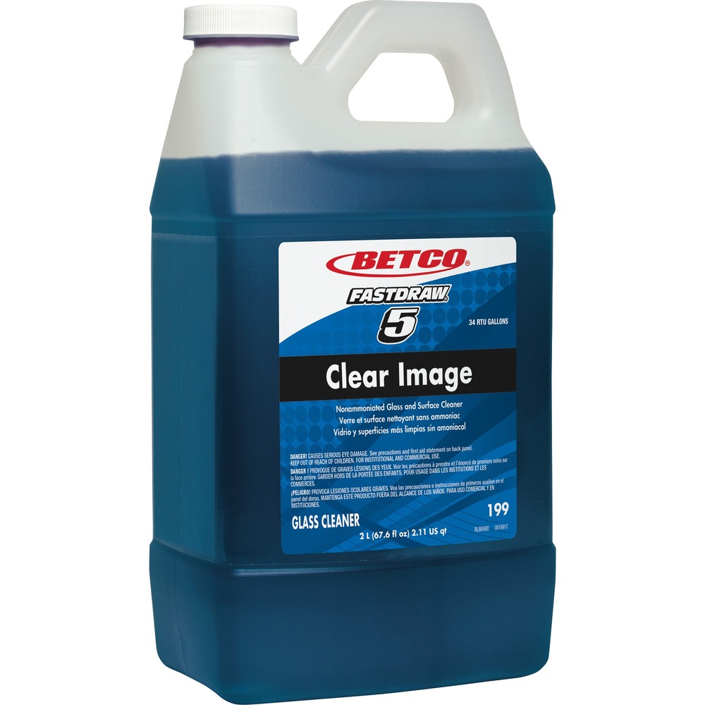 BET1994700 - This concentrated glass/surface cleaner quickly dissolves smudges, fingerprints, bug residues and other stubborn soils. It cleans and polishes glass without streaking, fogging or clouding. Dilute using a ratio of 2 oz. of Clear Image to 1 gallon of water (16 ml/1 liter). Formulated without ammonia, this nonflammable cleaner is pleasant to use and protects against resoiling. As part of the FastDraw system, the cleaner is numbered (FastDraw 5) and color-coded to eliminate cleaning staff misuse. NAFTA trilingual labels are suited to a multicultural workforce. Spill-proof bottle design eliminates the potential for chemical contact with cleaning staff. Patented technology uses two metering tips for low-flow and high-flow dilution. Metering insert reduces end-use cost per gallon by delivering accurate dilutions. Curved siphon tubes on the FastDraw Dispensers (not included) allow complete product evacuation, eliminating waste.