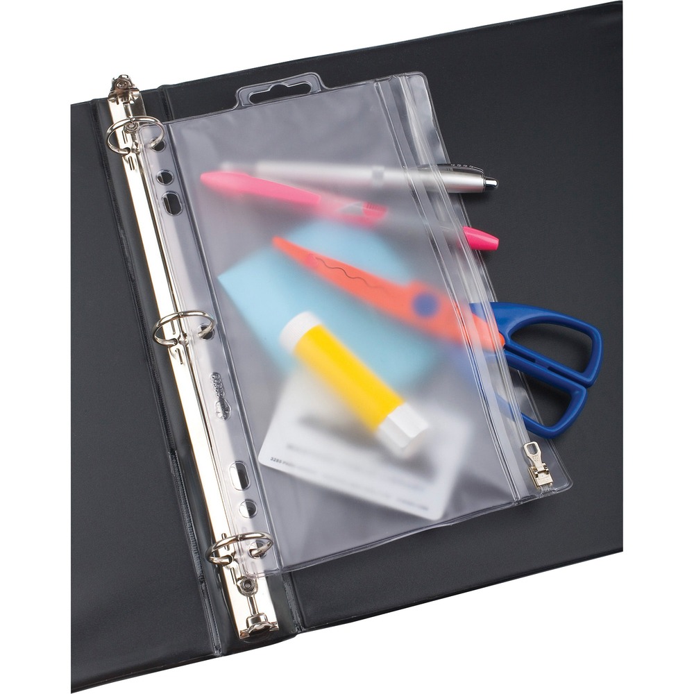 OXF68599 - Zipper Binder Pocket offers a universal punch style along the edge so it can be used in two-ring, three-ring or five-ring binders. Pocket is made of heavyweight frosted, poly material. Secure your contents inside the binder pocket with a plastic, snag-proof zipper.