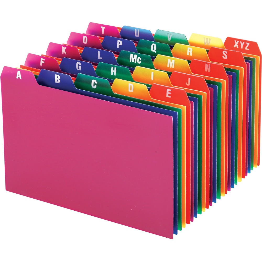 OXF73154 - Poly A-Z Index Card Guides feature bright tabs with bold letters that stand out immediately for fingertip referencing. 1/5-cut tabs are in different colors to differentiate file sections. Card guides are made from wear-resistant, tear-resistant, moisture-resistant poly for long-lasting performance. Precious cut ensures uniformity.