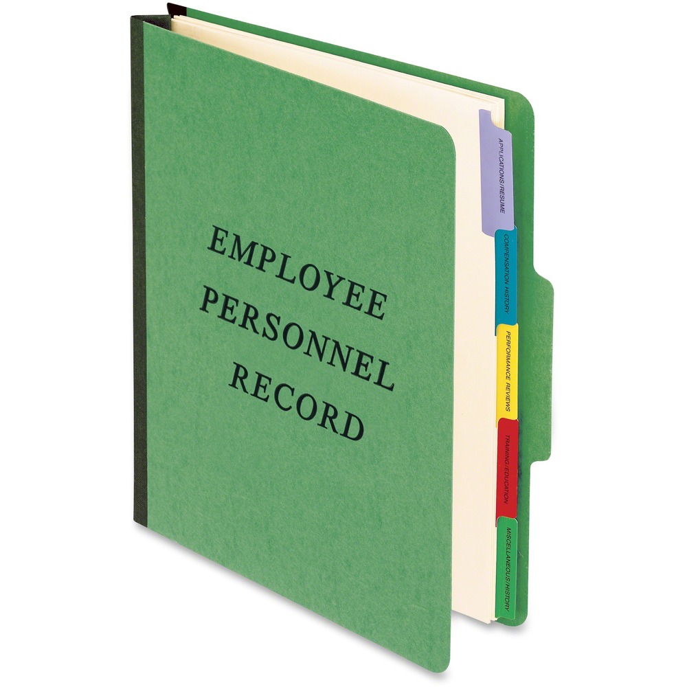 PFXSER1GR - Personnel Folder protects important employee information with a moisture-resistant, durable surface. Reinforced tape gusset expands 2" for adding more information and includes a 1" bonded fastener on inside front cover. Organize your personnel information with the five Mylar-reinforced tabs on the built-in dividers. Tabs are pre-printed for immediate use. Those tab titles include Application/Resume, Compensation, Performance, Training/Education and Miscellaneous. Durable, 20 point Press Guard covers are acrylic-coated so they are moisture-resistant and smudge-resistant.