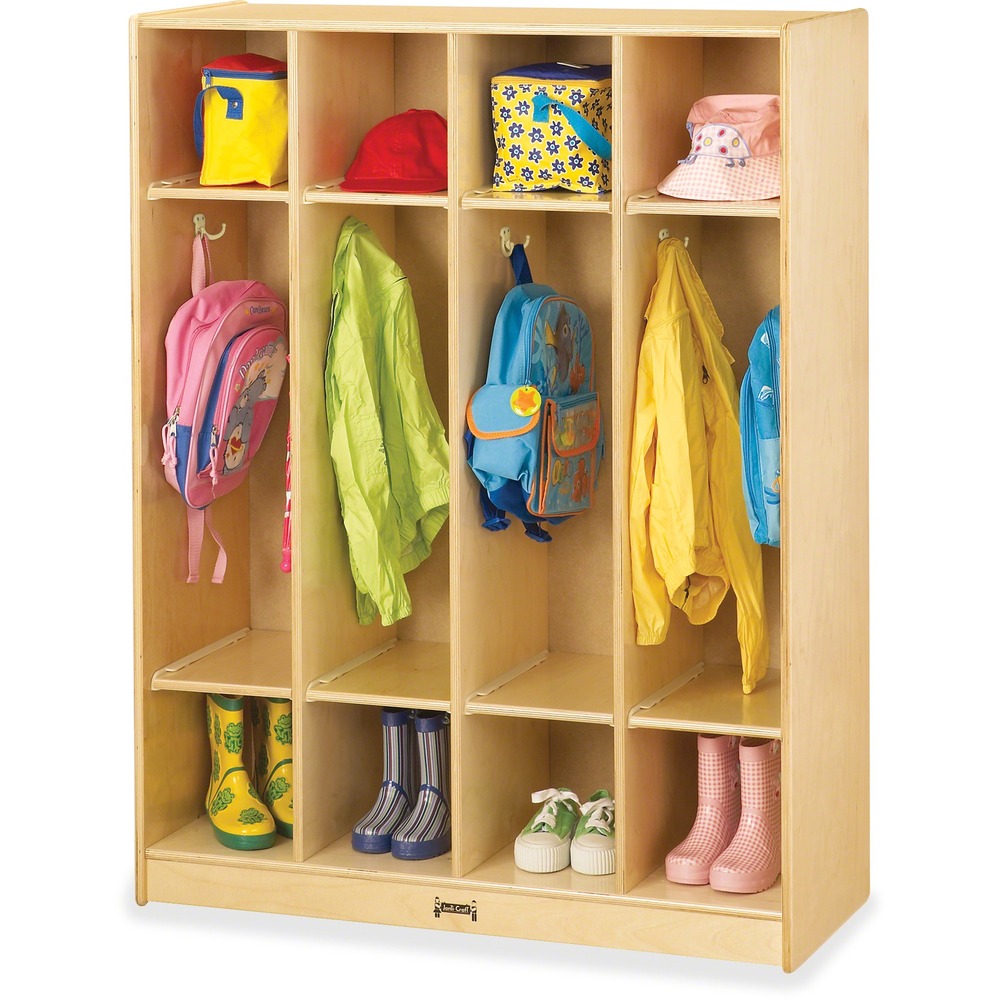 JNT0268JC - Four-section coat locker features hooks for coats in each section and a place for lunch boxes and boots for great organization. Dowel-pin construction prevents weakening at the joints. Ultraviolet acrylic coating is durable and resists yellowing over time. KYDZSafe rounded edges allow children to play safely without getting hurt by sharp edges or corners.