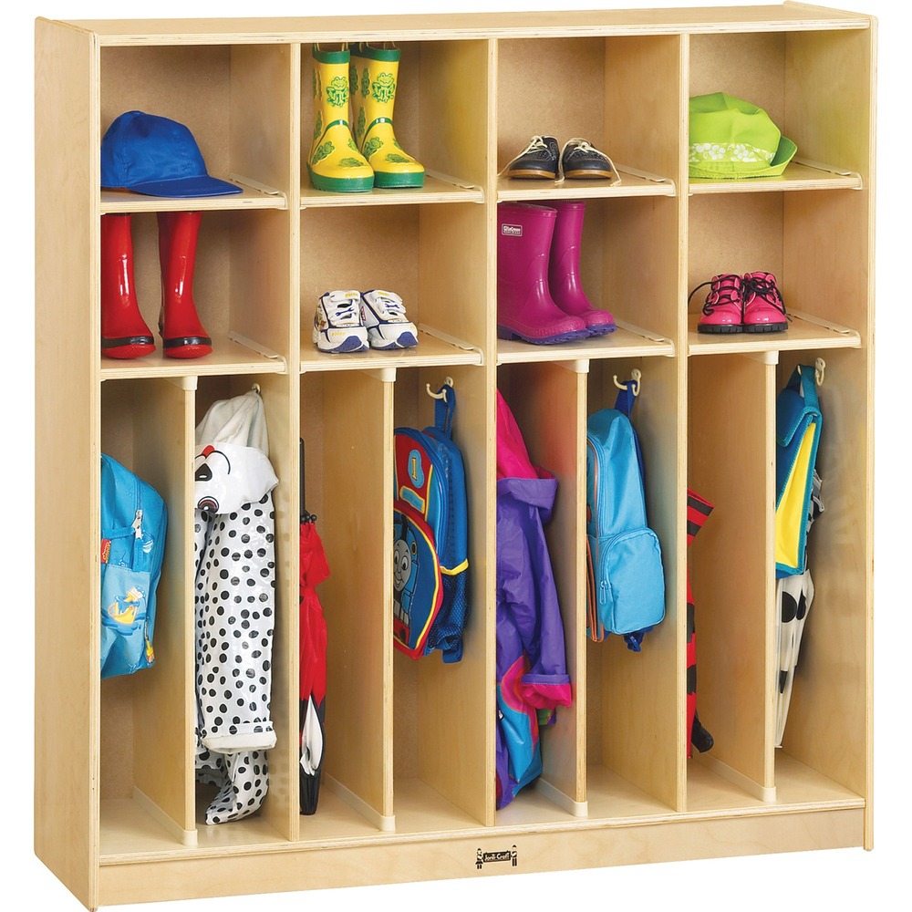 JNT2687JC - Each child gets their own locker and cubbie space with the Neat-n-Trim Lockers. The bottom row offers eight open lockers. Each locker features one double-coat hook mounted on the side. Each locker measures 5-1/4" wide x 13-1/2" deep x 27" high. Open square cubbies line the top two rows. Cubbies measure 11-1/4" wide x 13-1/2" deep x 8-3/4" high. Kickplates prevent toe and finger pinching. Small objects can't get underneath. Easy-to-clean finish is as tough as the coating used on gym floors, resists stains and won't yellow. The one-piece construction of Baltic birch plywood offers sturdy, light-duty storage. Construction employs the dowel-pin technique, increasing already-noteworthy strength. This design leaves the thickness of the material intact where most of the stress occurs.