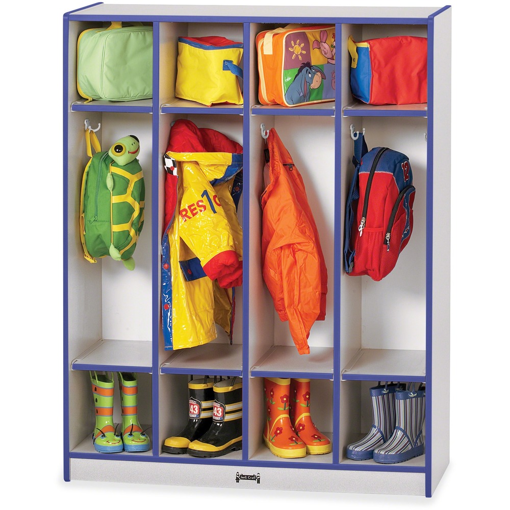 JNT0268JCWW003 - Four-section coat locker uses two, double coat hooks in each section to hang jackets, backpacks and more. Top shelves and bottom shelves provide additional space for boots and lunch boxes. Laminate is durable and features an easy-to-clean surface. KYDZSafe rounded edges allow children to play safely without getting hurt by sharp edges or corners. Kickplate prevents children from losing small items underneath. TRUEdge is permanently thermo-fused to the edges to prevent chipping. Dowel-pin construction prevents weakening at the joints. Standard Write-n-Wipe recessed backs can be easily wiped clean.