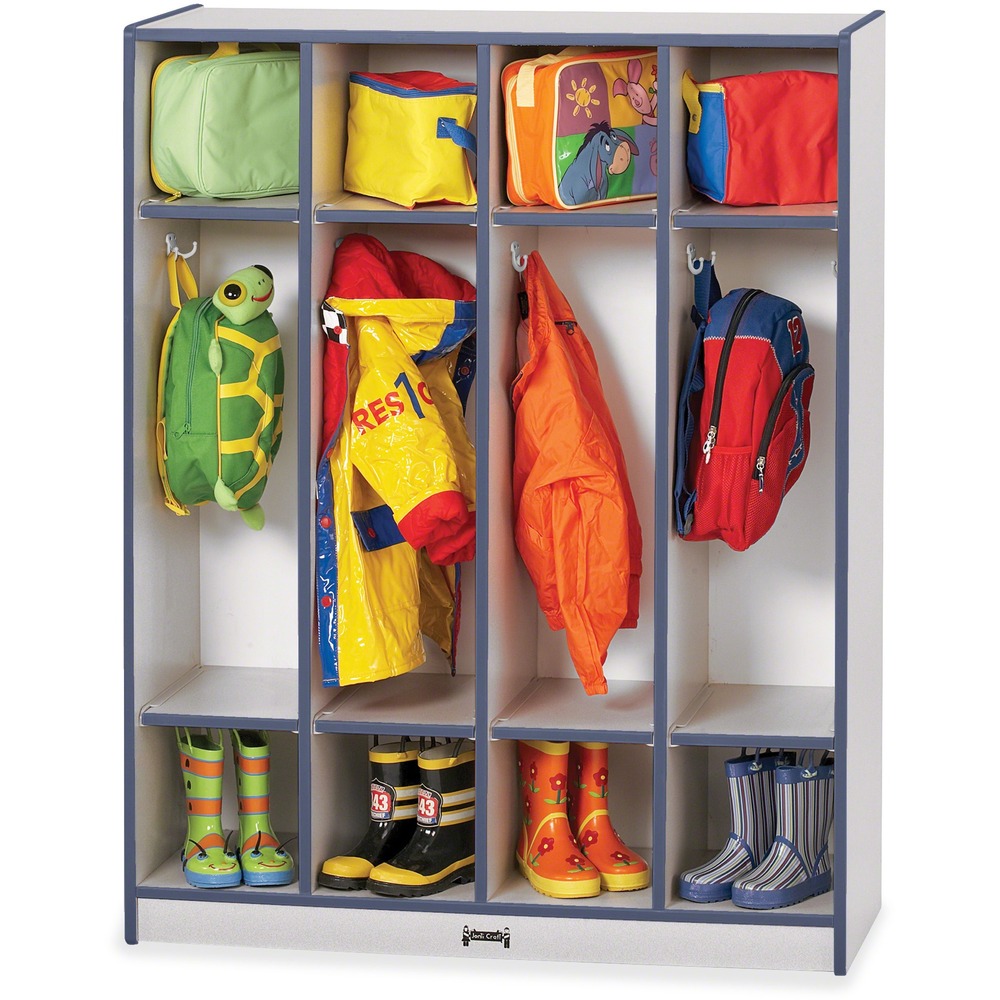JNT0268JCWW112 - Four-section coat locker uses two, double coat hooks in each section to hang jackets, backpacks and more. Top shelves and bottom shelves provide additional space for boots and lunch boxes. Laminate is durable and features an easy-to-clean surface. KYDZSafe rounded edges allow children to play safely without getting hurt by sharp edges or corners. Kickplate prevents children from losing small items underneath. TRUEdge is permanently thermo-fused to the edges to prevent chipping. Dowel-pin construction prevents weakening at the joints. Standard Write-n-Wipe recessed backs can be easily wiped clean.
