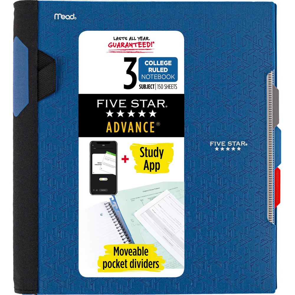 MEA06324 - College-ruled notebook features movable, pocket tabbed dividers to efficiently organize your work. Durable plastic covers and pockets reliably protect your notes from being damaged. Spiral Guard covers the wire to prevent snags. Expandable pockets hold even more papers. Exterior pen loop ensures your pen is always within reach for quick, convenient use.