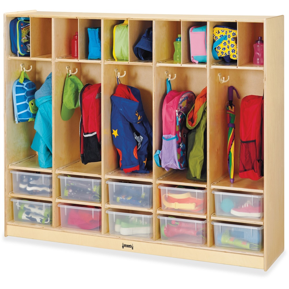 JNT26858JC - Locker organizer with tubs features double coat hooks to hang jackets, backpacks and more. Two generous cubbies below each locker are large enough for tubs that neatly store shoes, mittens and more. Mail slots above the locker area are perfect for message and homework management. KYDZSafe rounded edges allow children to play safely without getting hurt by sharp edges or corners. Kickplate prevents children from losing small items underneath. Dowel-pin construction prevents weakening at the joints. Ultraviolet acrylic coating is durable and resists yellowing over time.