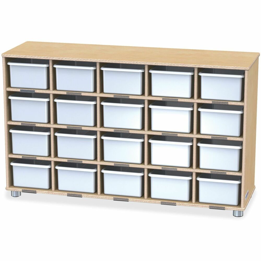 JNT17160JC - 20-cubbie shelf with bins helps neatly organize a large variety of items. Name tag holders offer a quick and easy way to identify each cubby. Anodized aluminum feet provide durable function and a modern feel. Dowel-pin construction prevents weakening at the joints. Ultraviolet acrylic coating is durable and resists yellowing over time. KYDZSafe rounded edges allow children to play safely without getting hurt by sharp edges or corners.