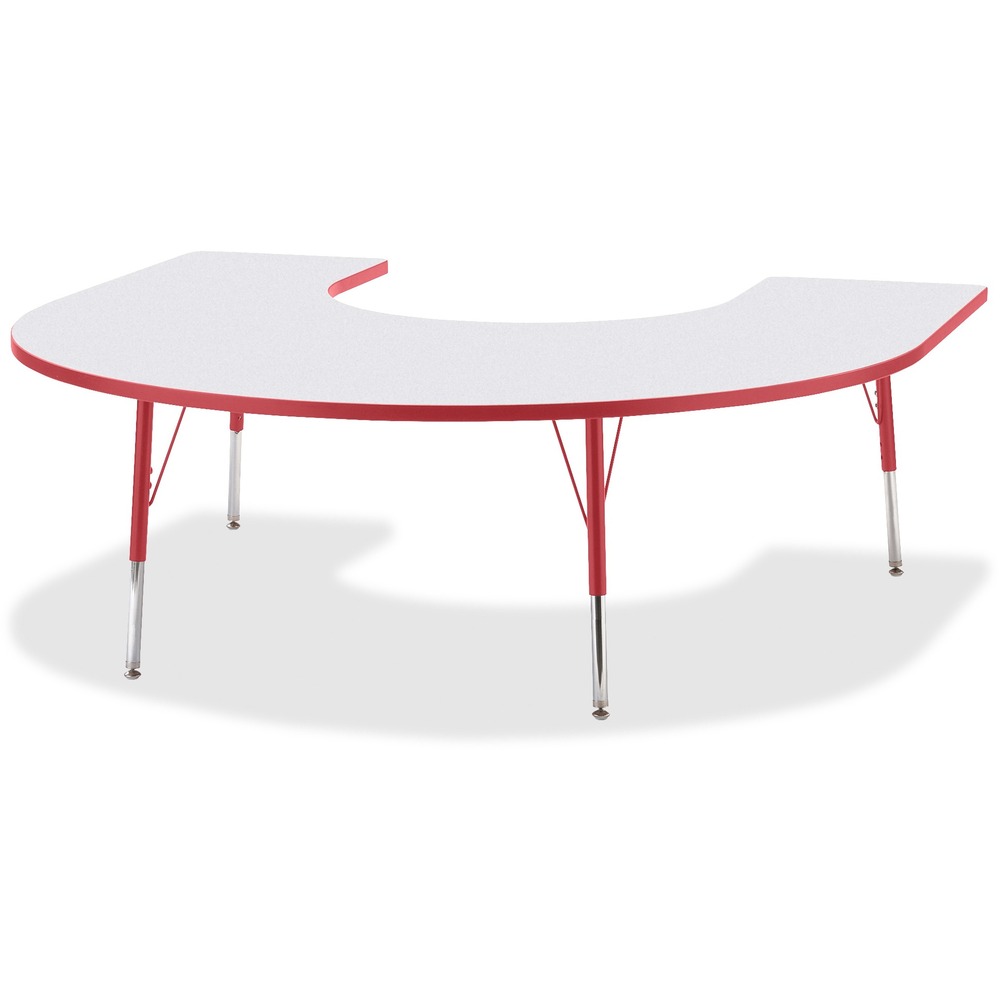 JNT6445JCA008 - Horseshoe-shaped activity table lets people conveniently gather around an educator. Durable laminate features an easy-to-clean surface. TRUEdge is permanently thermo-fused to the edges to prevent chipping. Extra-safe, dual-screw steel legs allow you to easily adjust the height of the table. Powder-coated, adjustable legs can be repositioned in 1" increments to provide maximum comfort. Leg guides reduce squeaks, prevent snags and eliminate rusting.
