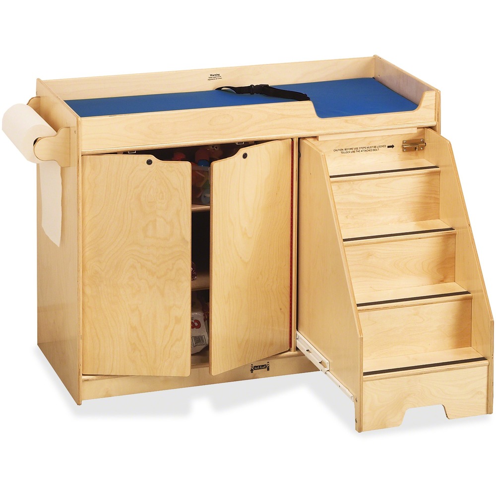 JNT5137JC - Changing table features quick, pullout stairs for toddlers that conveniently glide under the table when not in use. Extra-deep rails for convenient use exceed the recommended safety standards. Three generous supply shelves provide handy storage options. Included paper roll dispenser accommodates a 15" paper roll and attaches to either end of the table. KYDZSafe rounded edges allow children to play safely without getting hurt by sharp edges or corners. Dowel-pin construction prevents weakening at the joints, where most of the stress occurs. Ultraviolet acrylic coating is durable and resists yellowing over time.