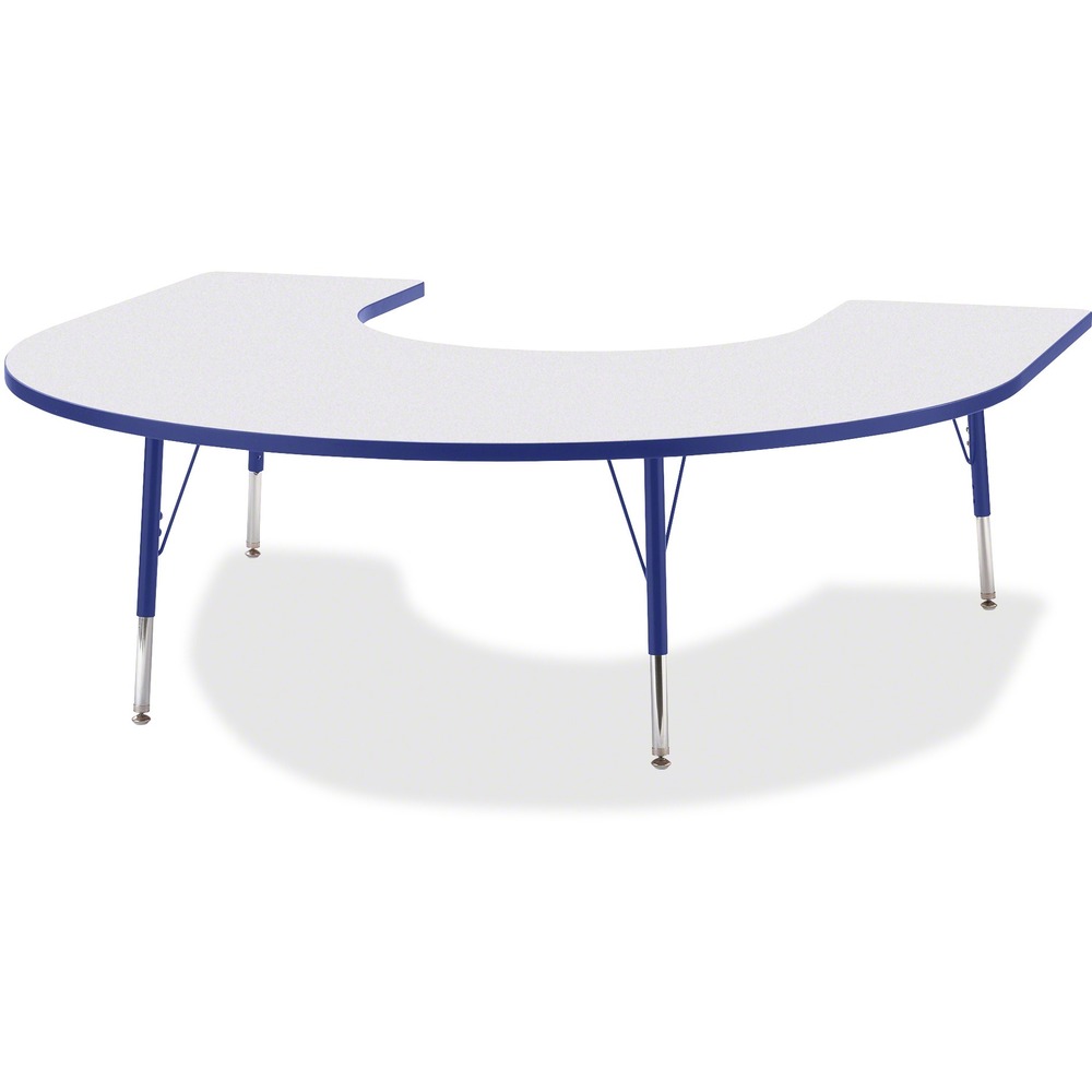 JNT6445JCE003 - Horseshoe-shaped activity table lets children conveniently gather around an educator. Durable laminate features an easy-to-clean surface. TRUEdge is permanently thermo-fused to the edges to prevent chipping. Extra-safe, dual-screw steel legs allow you to easily adjust the height of the table. Powder-coated, adjustable legs can be repositioned in 1" increments to provide maximum comfort for children. Leg guides reduce squeaks, prevent snags and eliminate rusting.