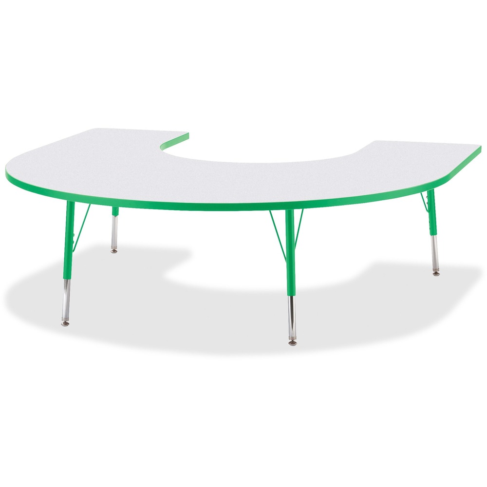 JNT6445JCE119 - Horseshoe-shaped activity table lets children conveniently gather around an educator. Durable laminate features an easy-to-clean surface. TRUEdge is permanently thermo-fused to the edges to prevent chipping. Extra-safe, dual-screw steel legs allow you to easily adjust the height of the table. Powder-coated, adjustable legs can be repositioned in 1" increments to provide maximum comfort for children. Leg guides reduce squeaks, prevent snags and eliminate rusting.
