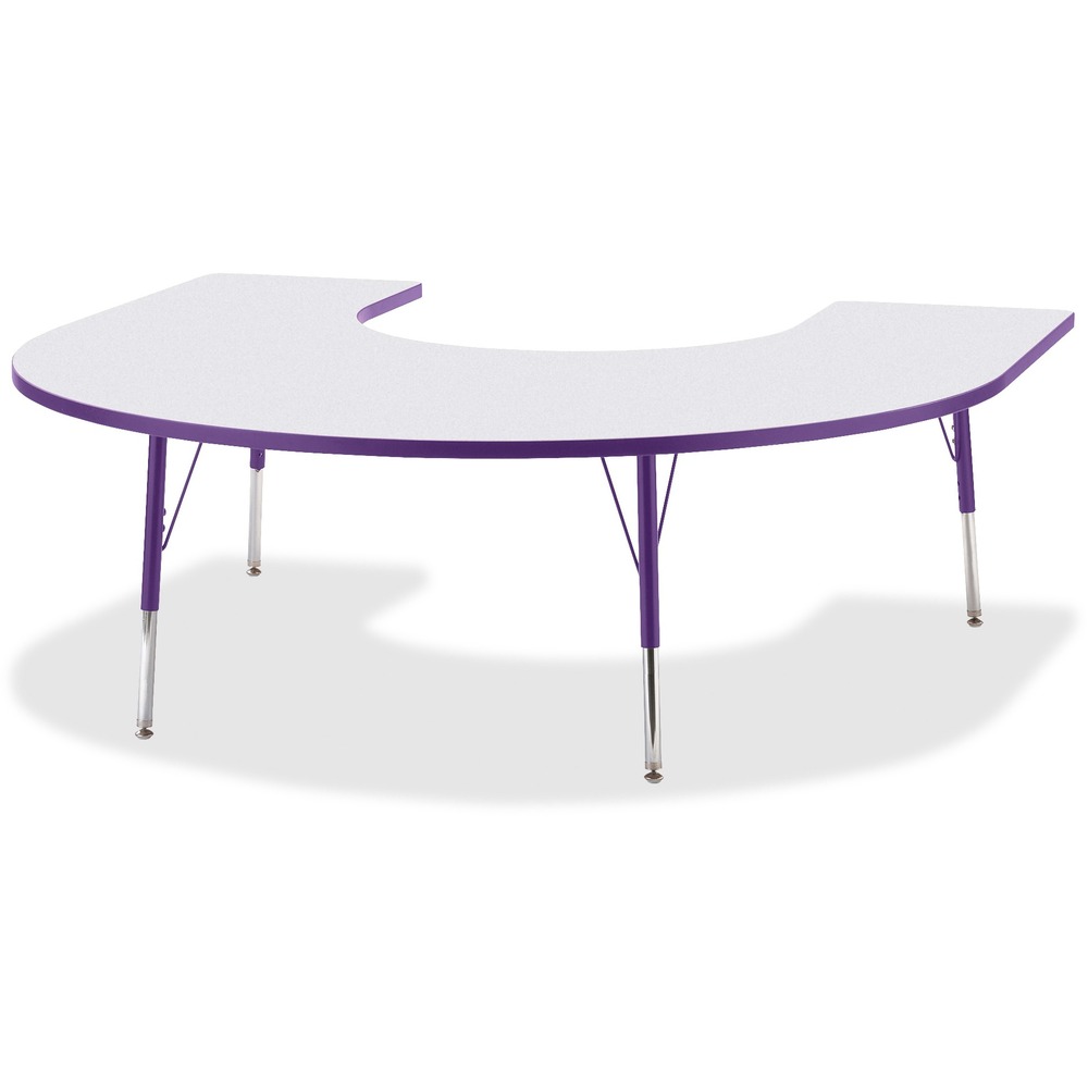 JNT6445JCA004 - Horseshoe-shaped activity table lets people conveniently gather around an educator. Durable laminate features an easy-to-clean surface. TRUEdge is permanently thermo-fused to the edges to prevent chipping. Extra-safe, dual-screw steel legs allow you to easily adjust the height of the table. Powder-coated, adjustable legs can be repositioned in 1" increments to provide maximum comfort. Leg guides reduce squeaks, prevent snags and eliminate rusting.